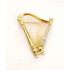 Vintage Signed MONET HARP Brooch - Musical Instrument Rhinestones 2"